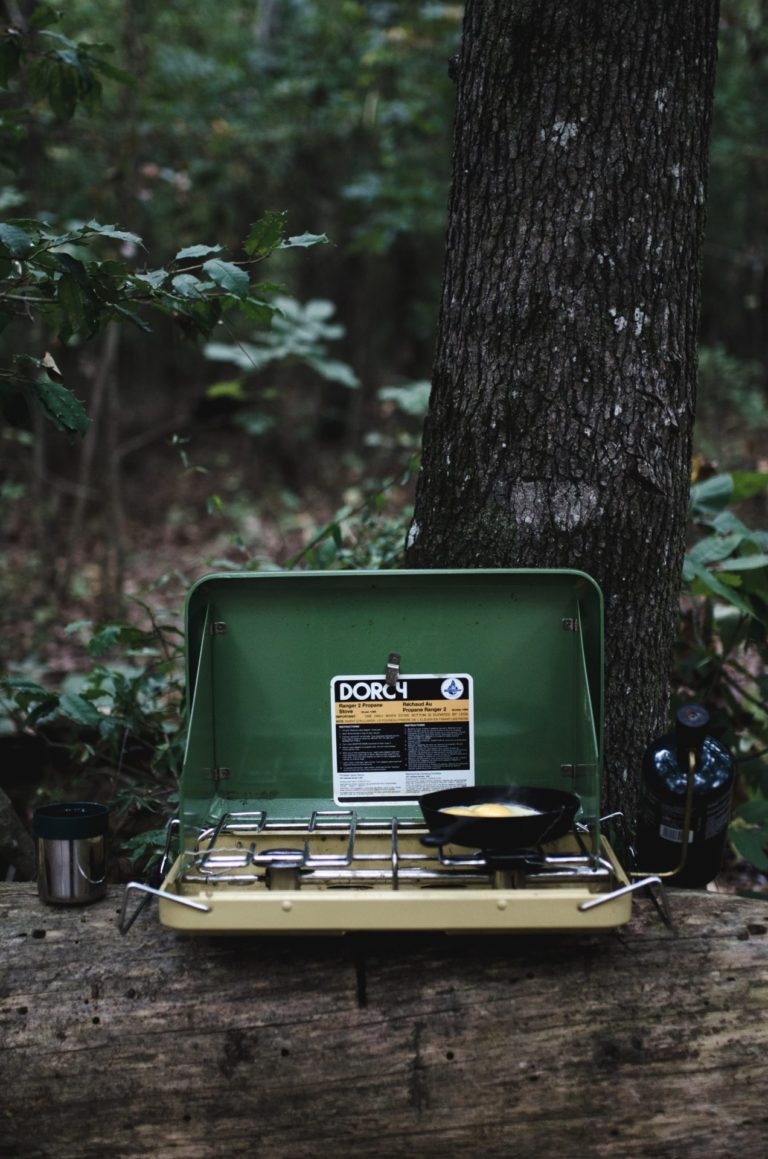 camping stove beside a tree