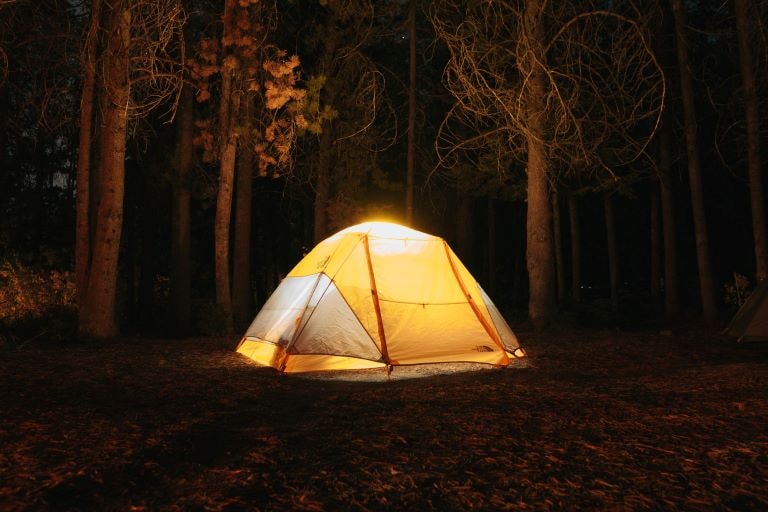 A yellow tent set up in the pines at night.