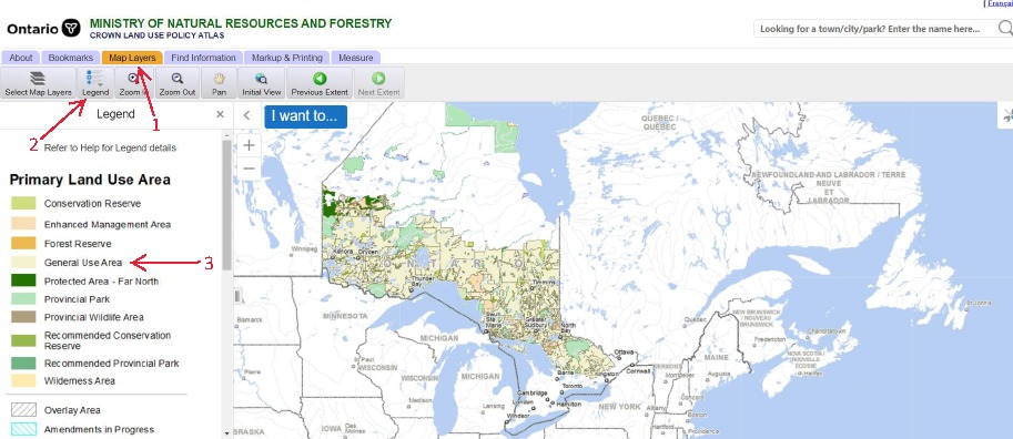 Finding general use area in Ontario Crown Land Map