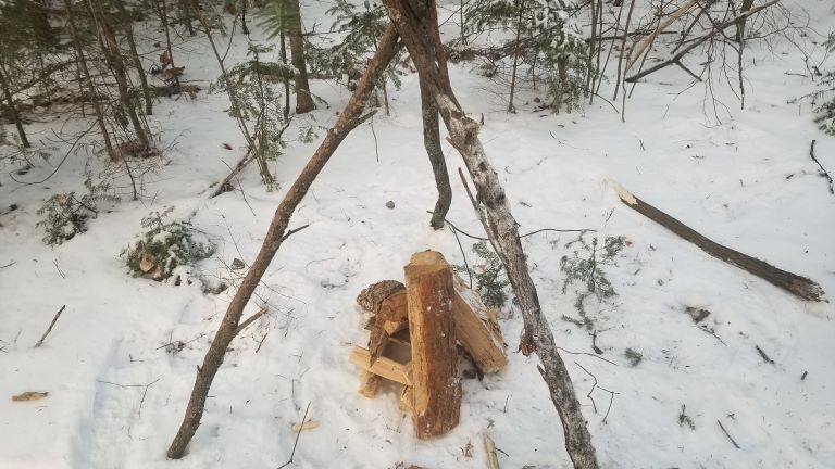Smoked meat tripod, wood on ground ready to light fire. How to smoke meat in the wild.
