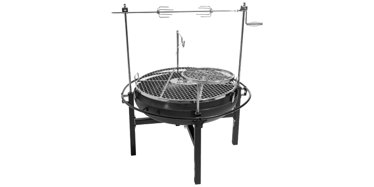 a cowboy campfire grill with swivel grill, pot hook and rotisserie. 