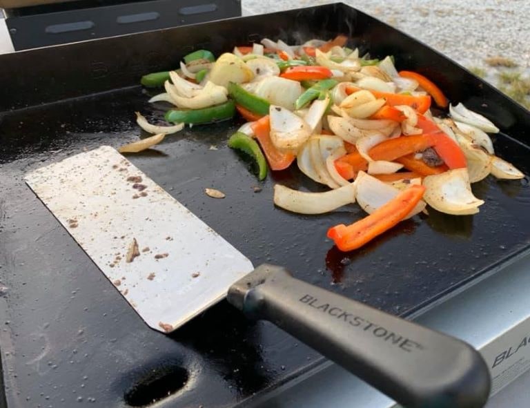 Blackstone griddle with fried vegetables
