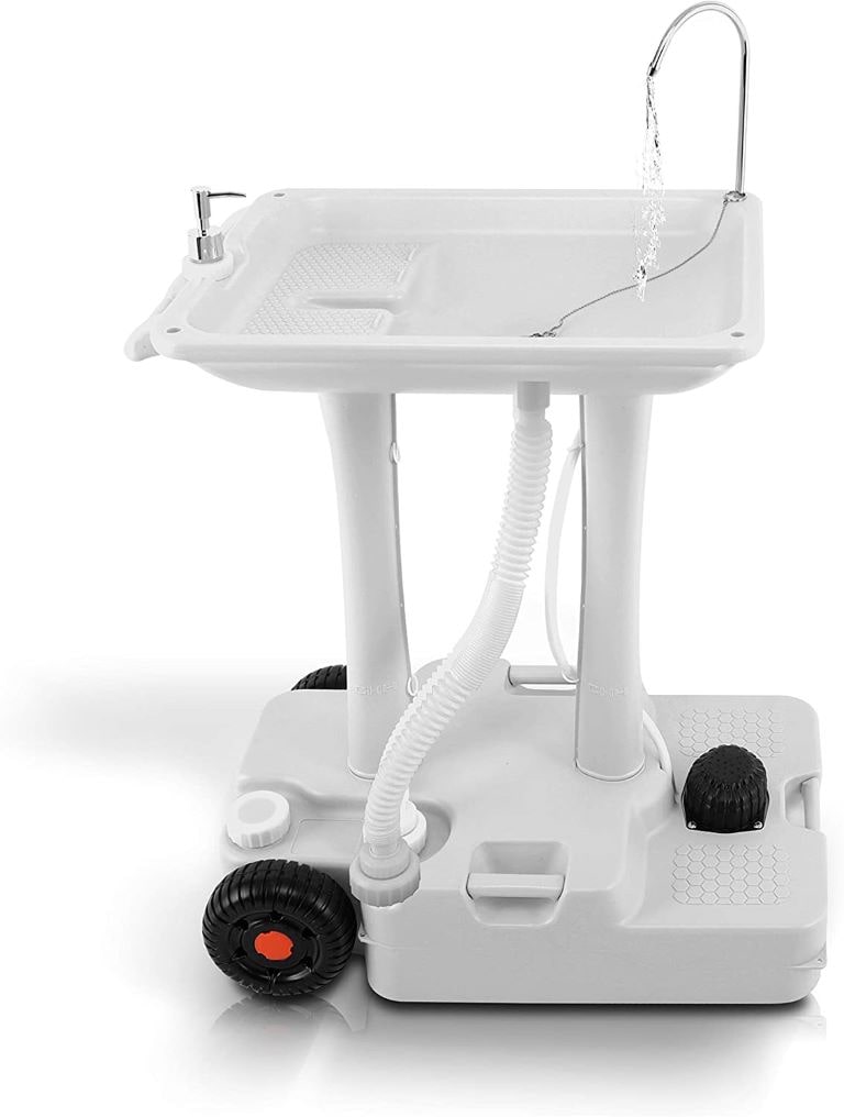 A portable camp sink for car camping and RVing.