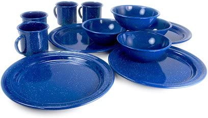blue enamel camping dishware set.