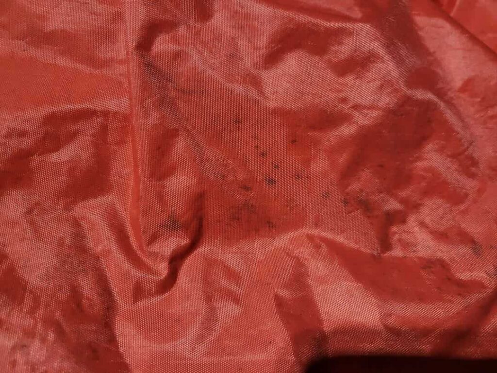 Red tent with mold spots