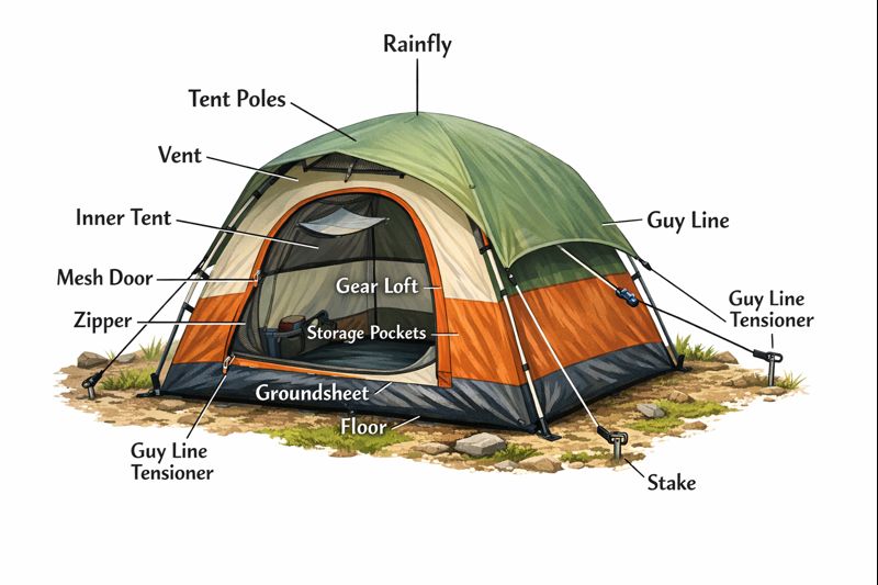 Camping dome tent labelled