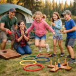 family of 5 playing outdoor camping games