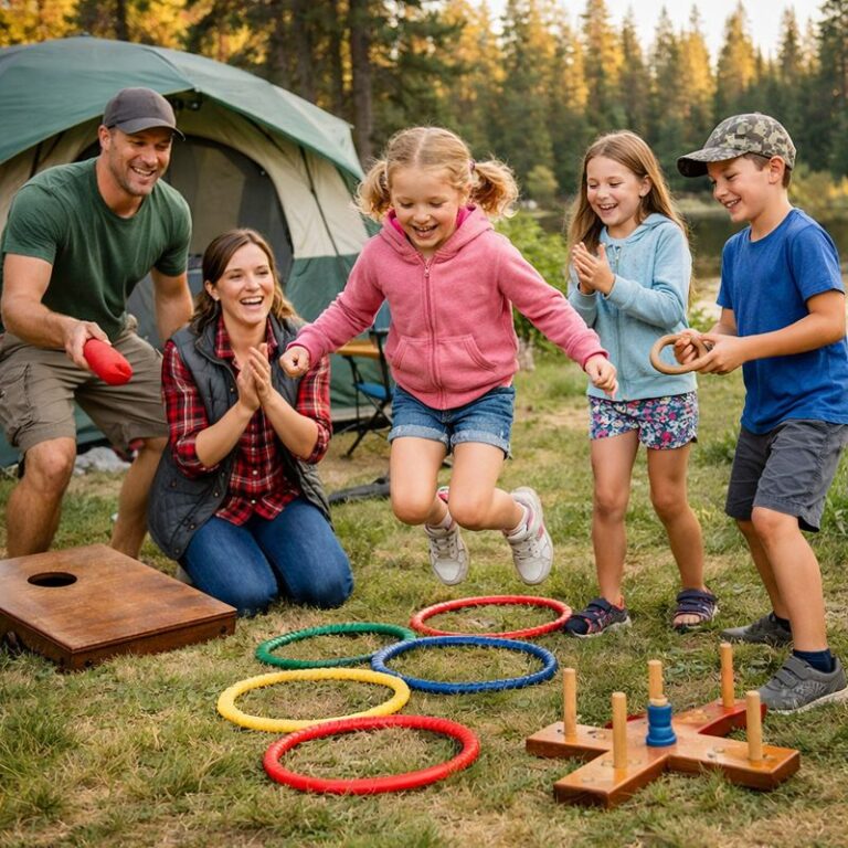 family of 5 playing outdoor camping games