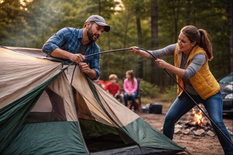Parents setting up a camping tent