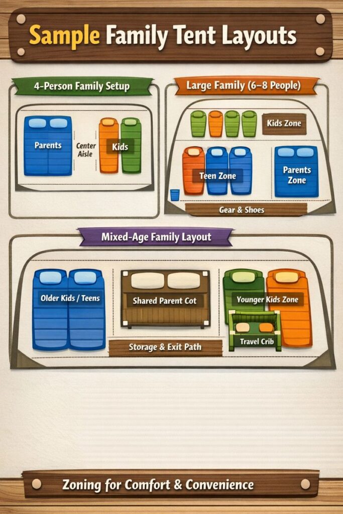 layout examples for family tent camping sleep arrangements