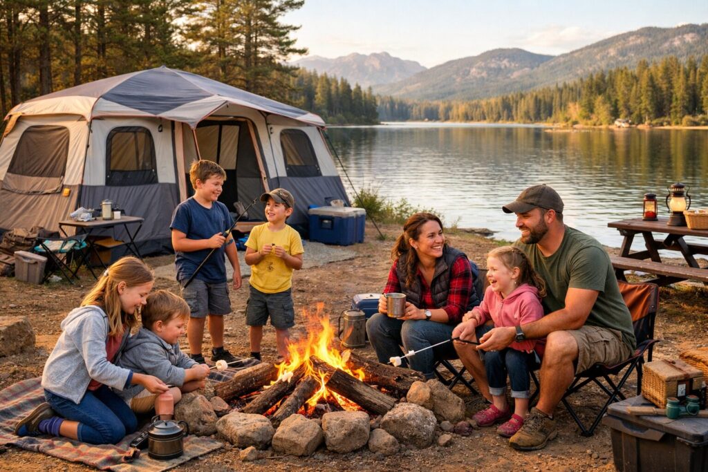 A family of 6 surrounds a campfire with a large cabin style tent by the water.