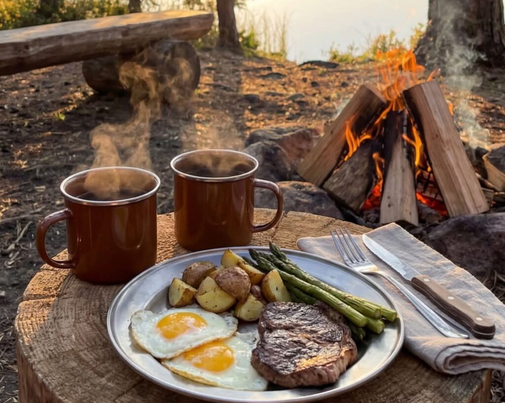 2 cups of coffee and a plate of food on a stump