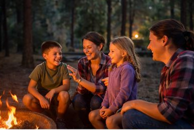 Family enjoying no-equipment camping games by the campfire through storytelling and charades