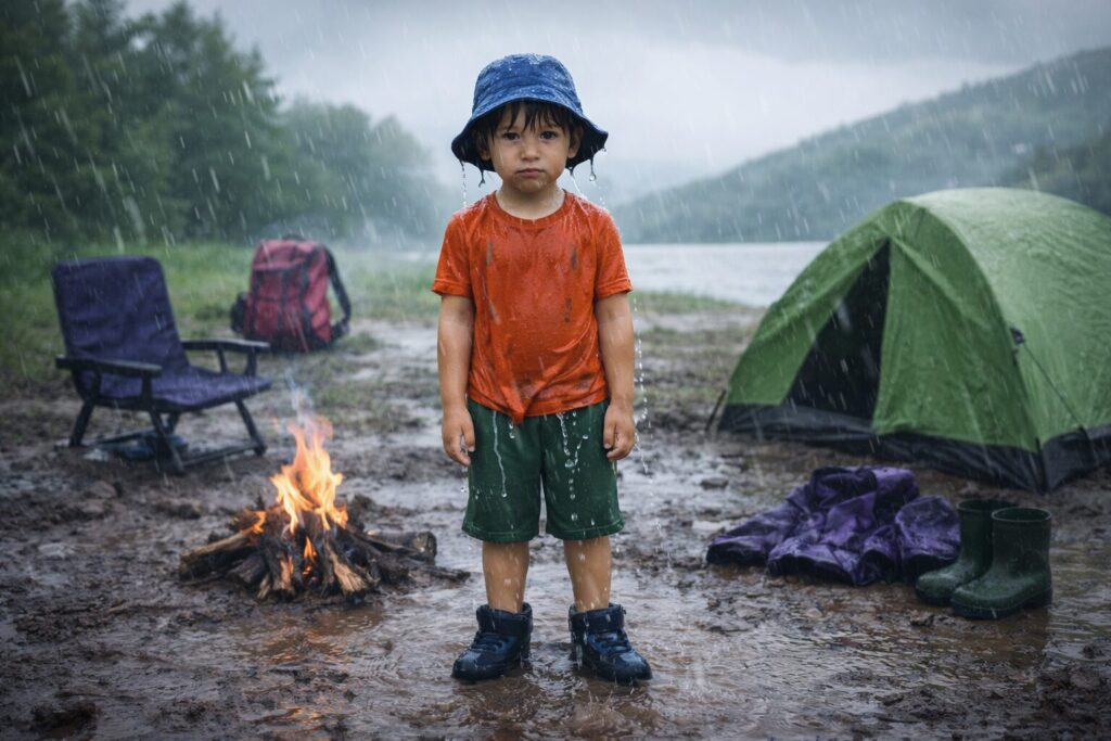 A child getting rained on in a mud puddle on a camping trip