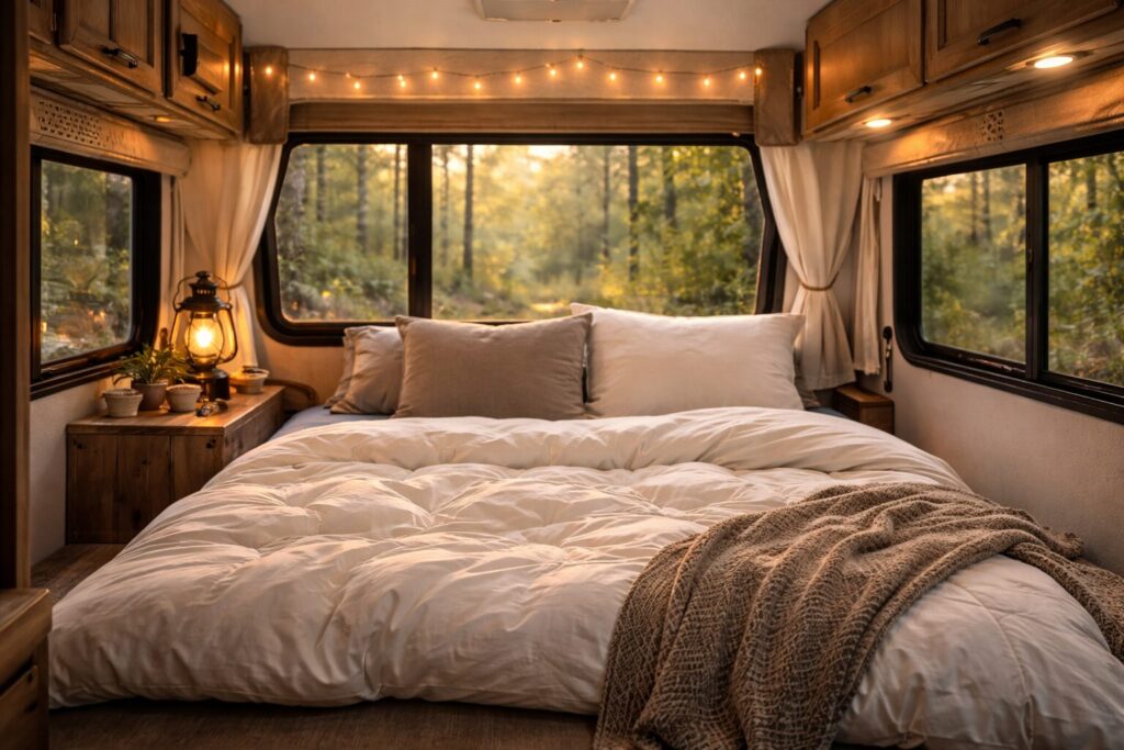 A duvet and pillows on a bed in an RV camper