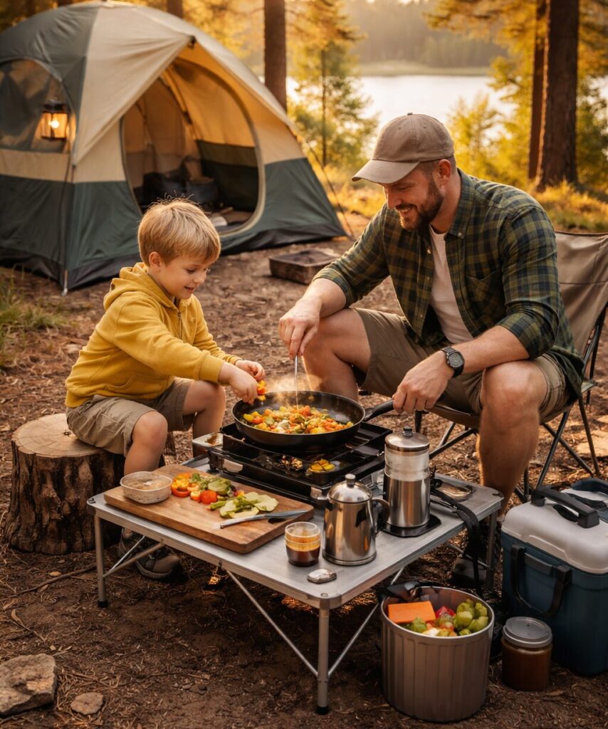 A by and dad cooking while tent camping