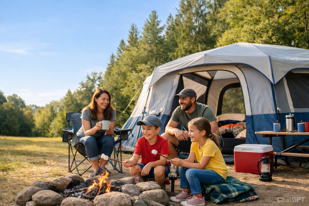 A family around a campfire in the daytime. Cabin tent in background.