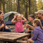 A family playing games while camping and sitting at a picnic table