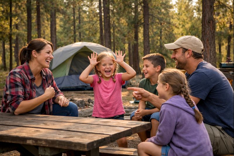 Family playing no-equipment camping games at a forest campsite, laughing around a picnic table with a tent in the background