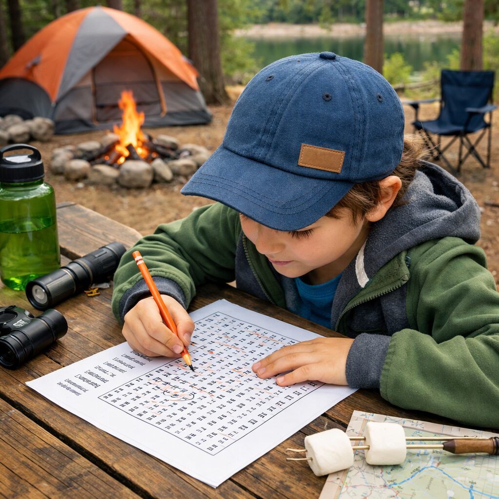 A boy completing a word search while camping in front of a tent.