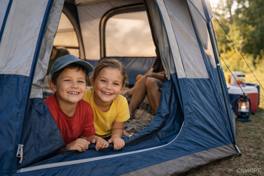 A boy and girl peaking out of a tent.