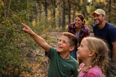 Kids playing a no-equipment camping scavenger hunt by exploring nature near their campsite