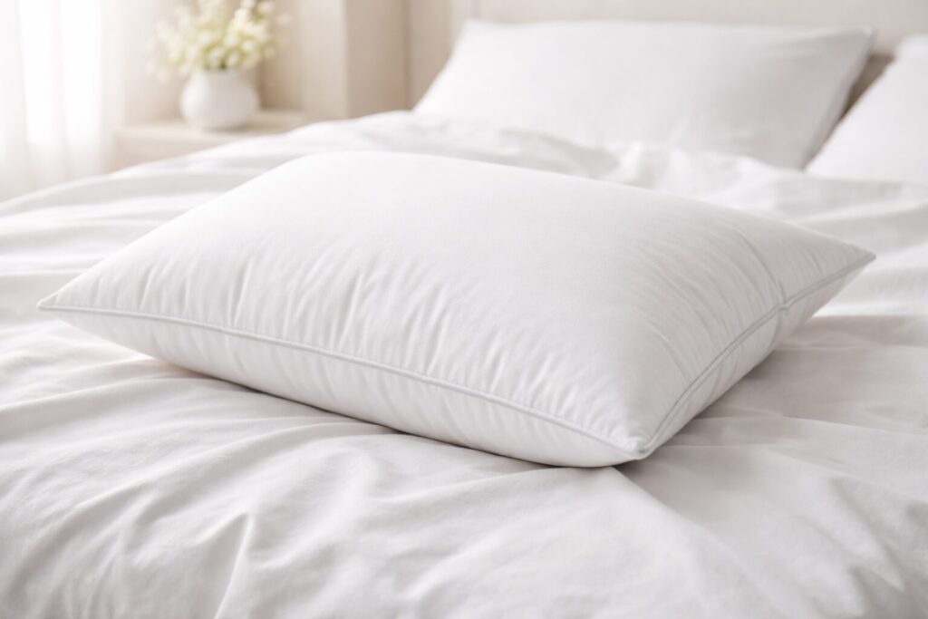 A pillow on a white duvet