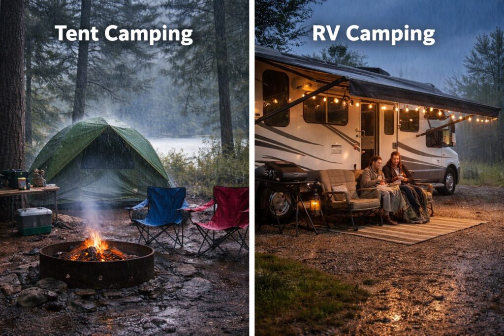 A tent, fire pit and campign chairs on a rainy day