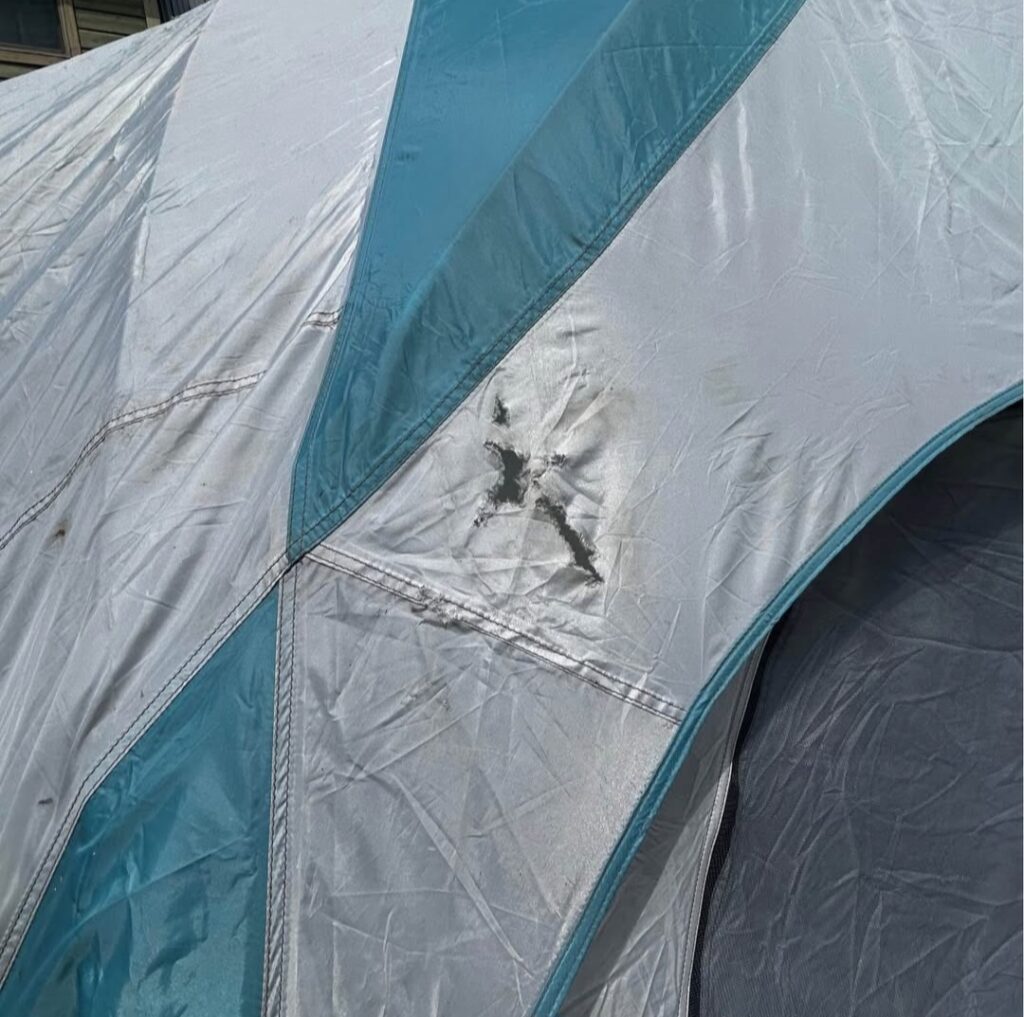 A tear in a tent fly.