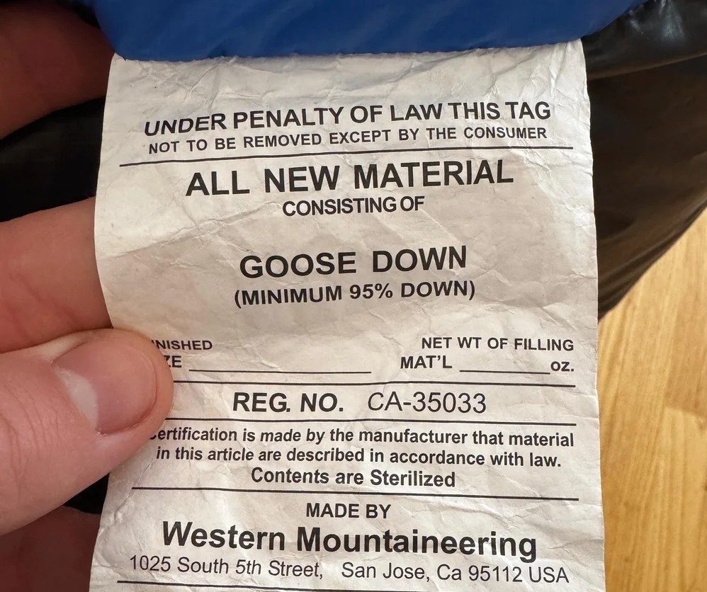 a sleeping bag tag for goose down