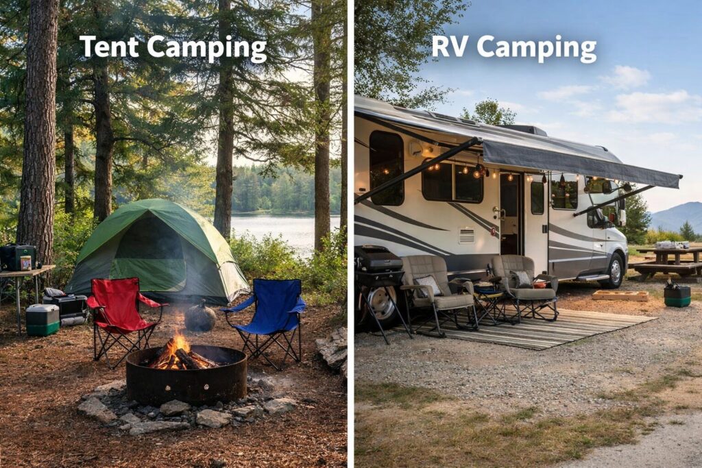 An RV camper on dirt on a sunny day
