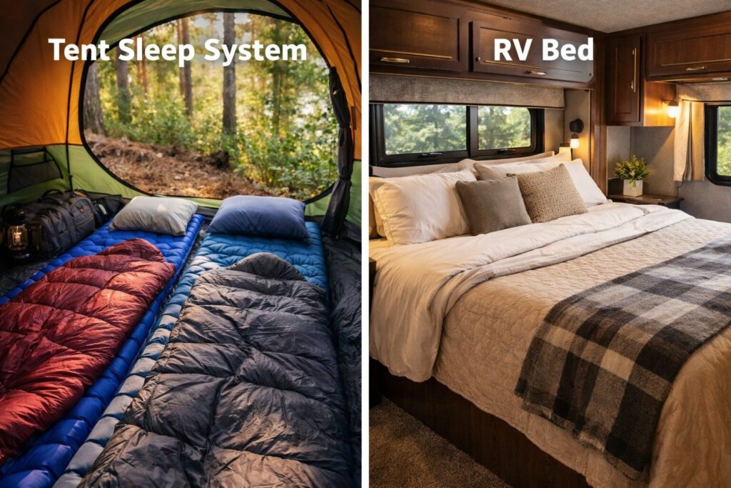 RV camping sleeping quarters versus tent sleeping setup