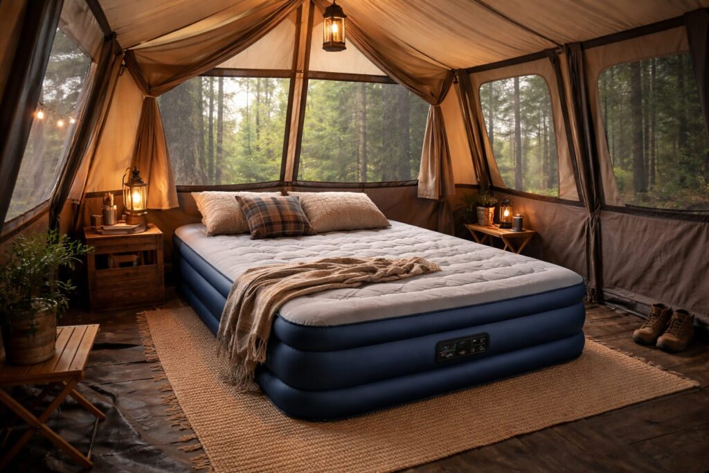 A thick air mattress inside a large cabin style tent