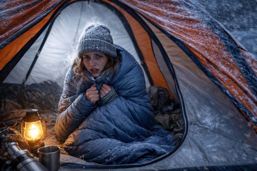 A woman shivering inside a tent on a very cold day