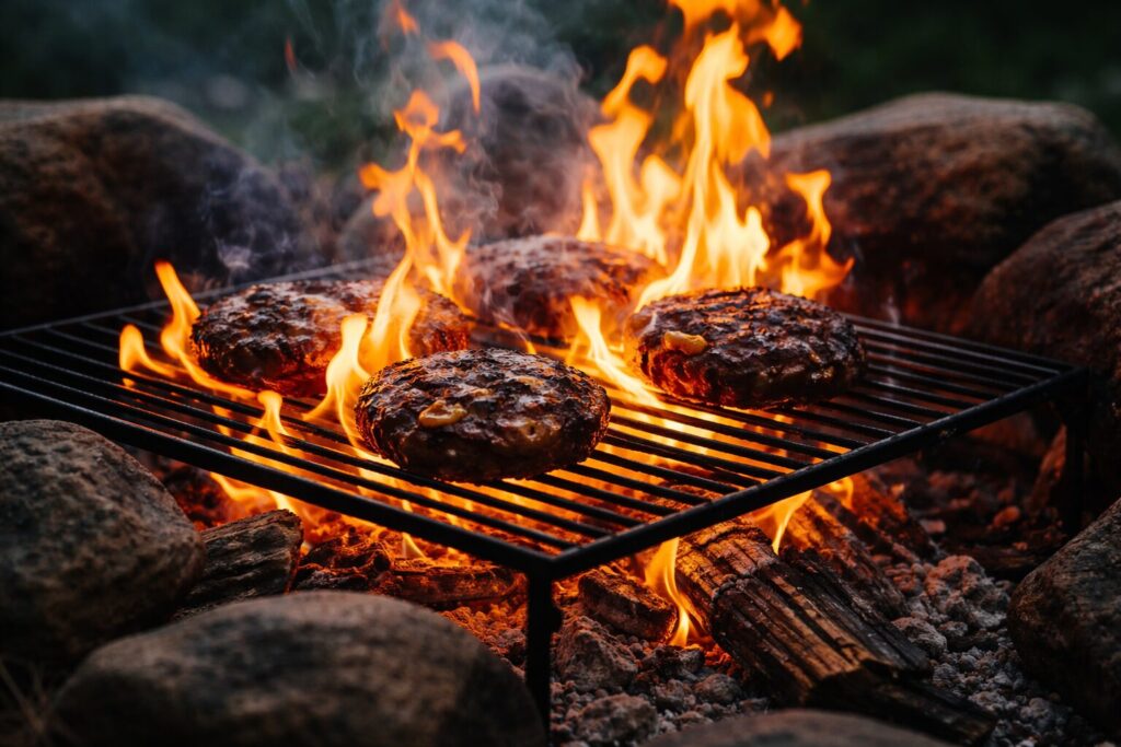 Food burning while cooking over a campfire