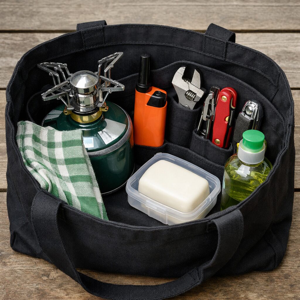 tote with small camp stove and other tools