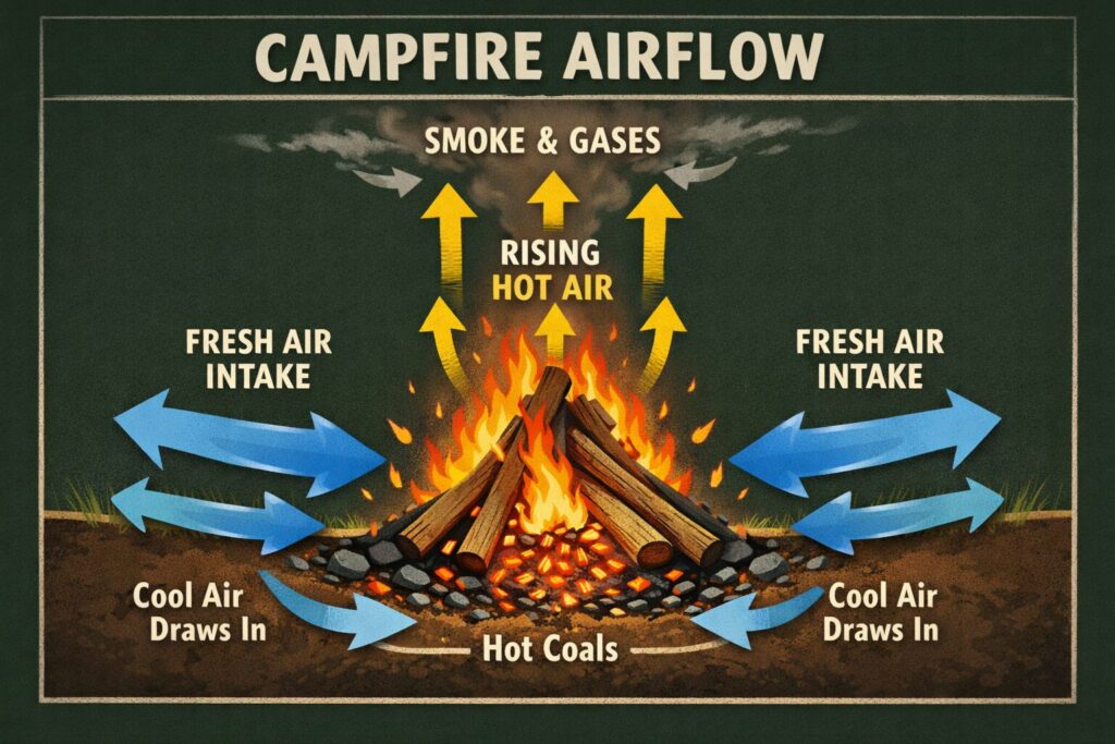 A diagram showing campfire airflow to reduce smoke