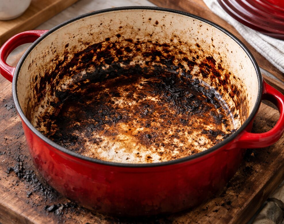 A dirty enamel Dutch oven from camping