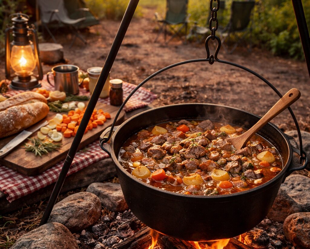 A large pot of Dutch oven stew while camping