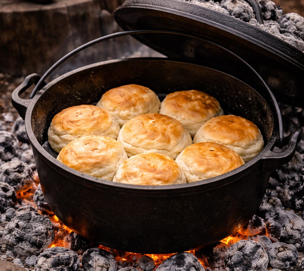 A dutch oven with baked biscuits inside