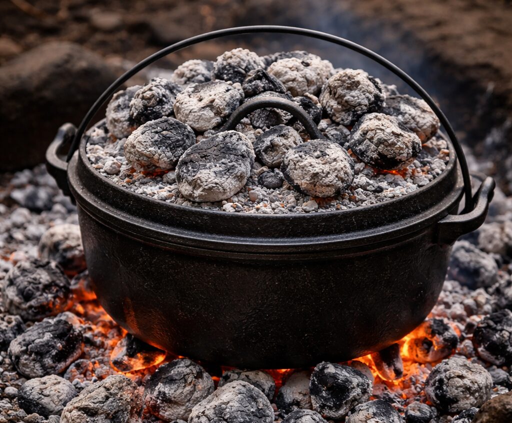 A dutch oven on coals. cooking at a campsite