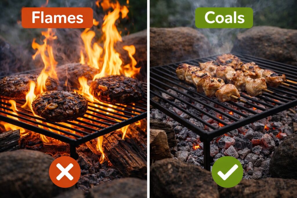 cooking over campfire flames vs cooking over coals