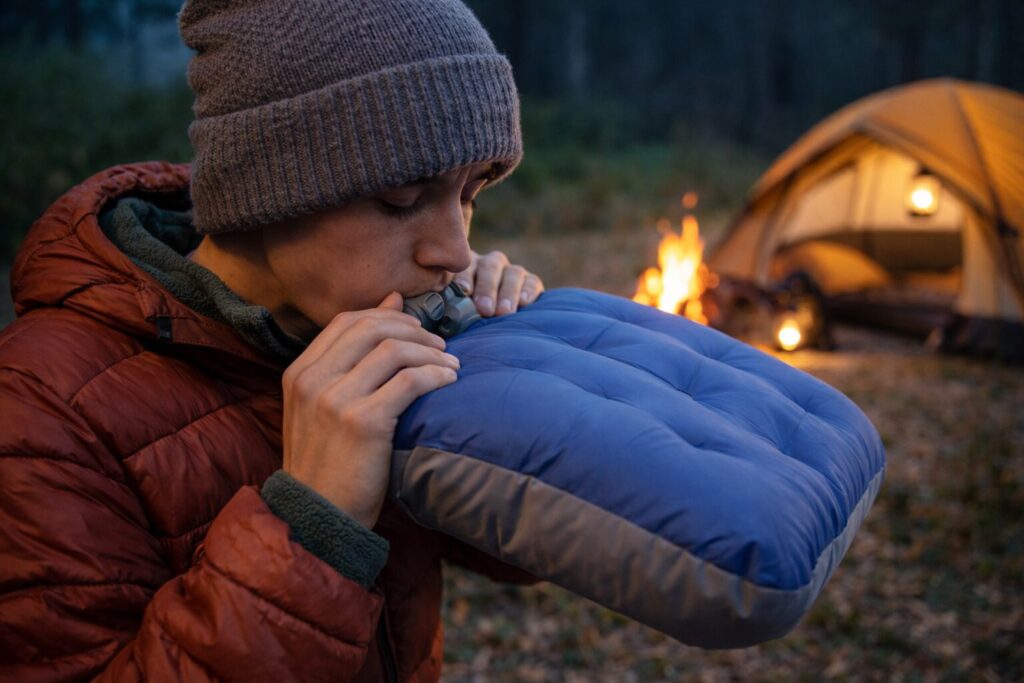 A boy blowing up an inflatable camping pillow