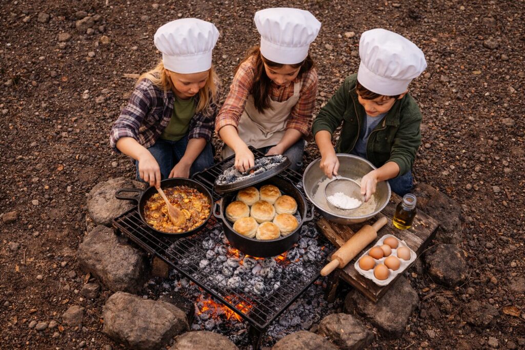 3 kids cooking over a camp fire