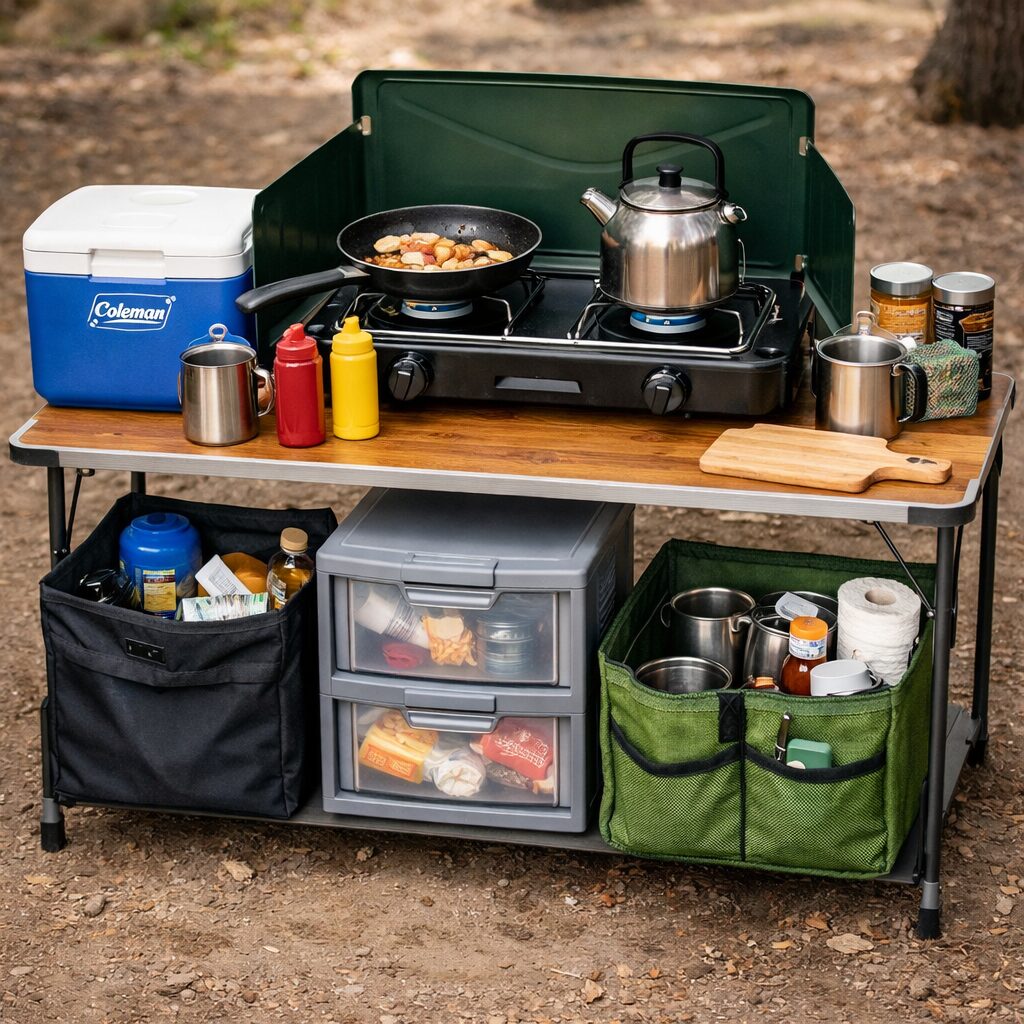 A portable camp kitchen setup with 2 burner stove and cooler.