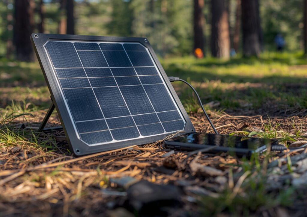 A 15 watt solar panel charging a cell phone in the forest