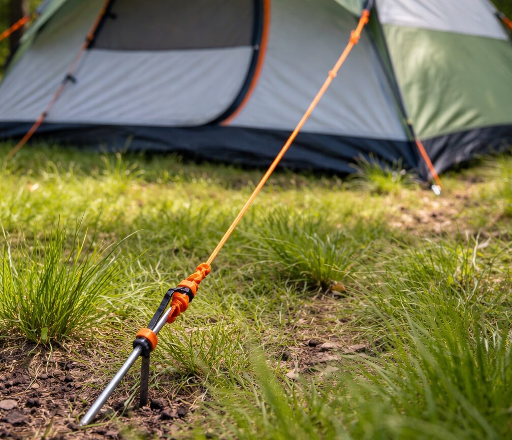 A tent guy line and anchor