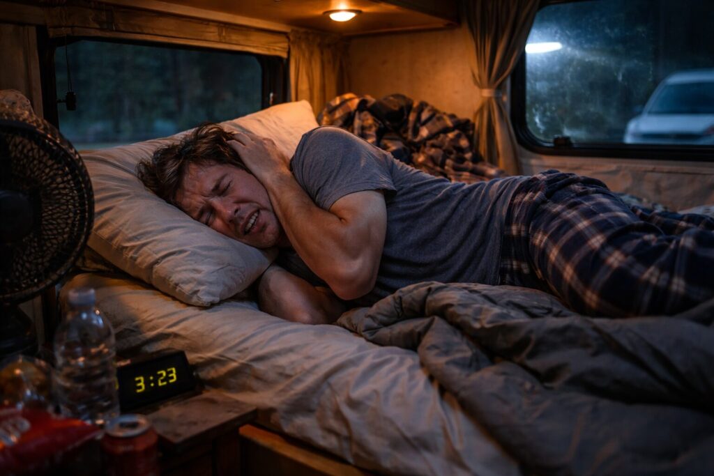 A man having a terrible sleep in the RV camper