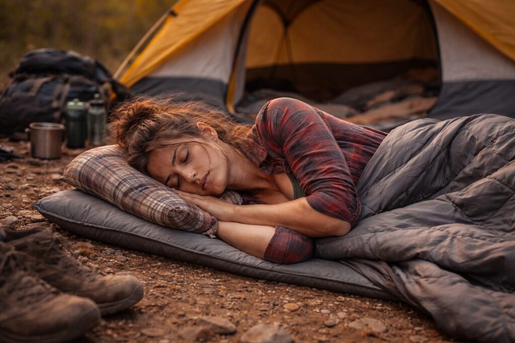 A woman camping on a thin sleep pad. Tired from camping.
