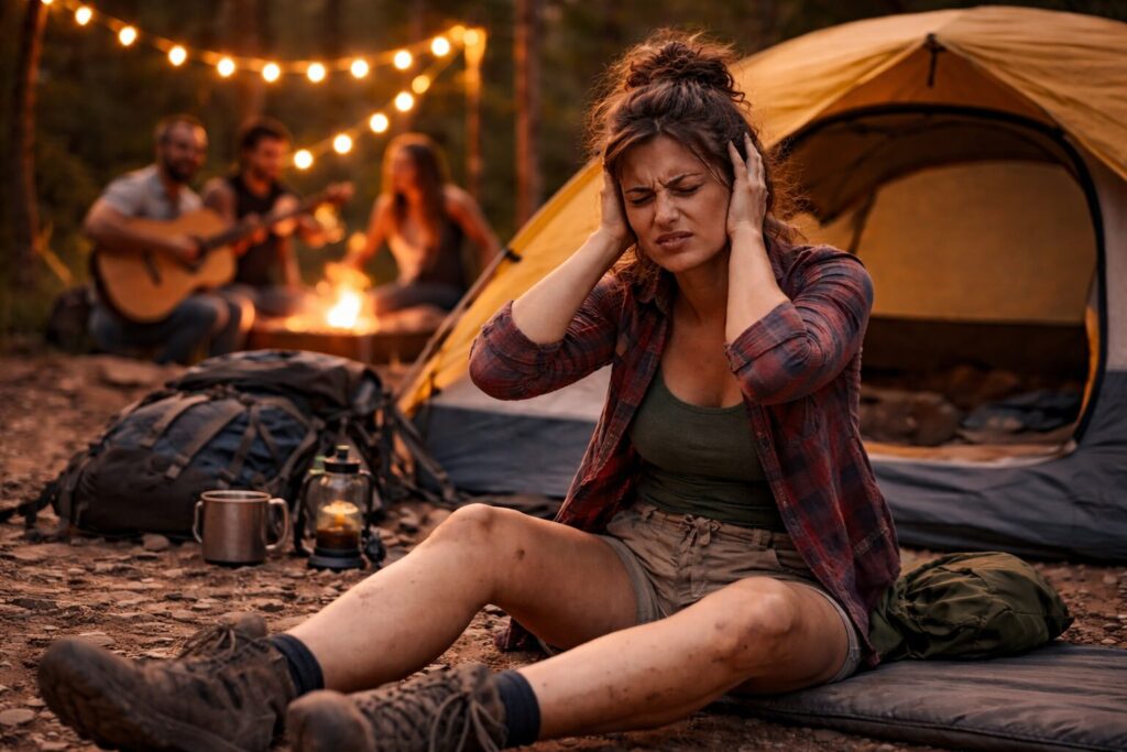 A tired camping woman annoyed by neighbor noise